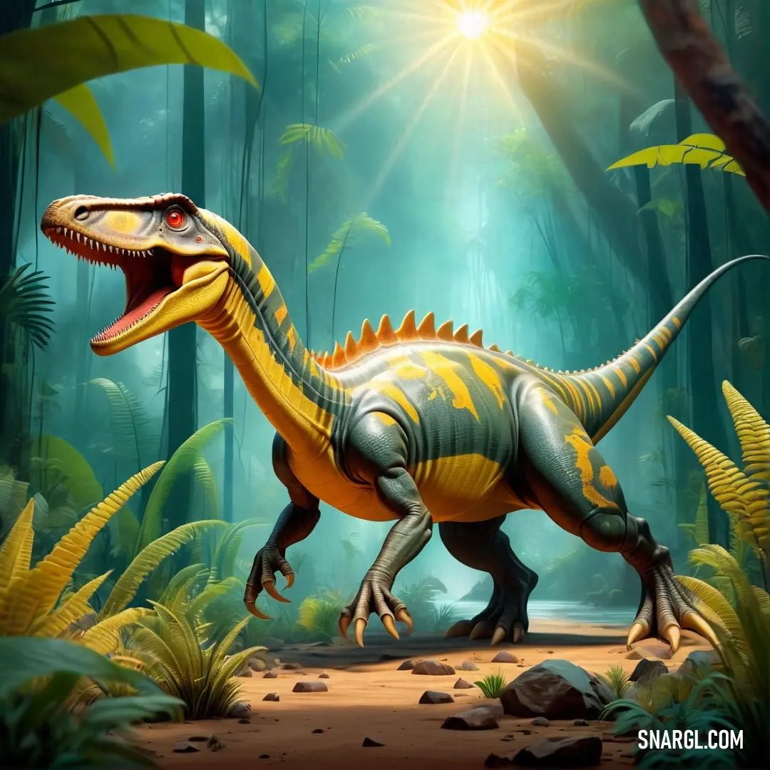 Gasosaurus in a jungle with a sun shining behind it and a forest scene behind it with rocks and plants