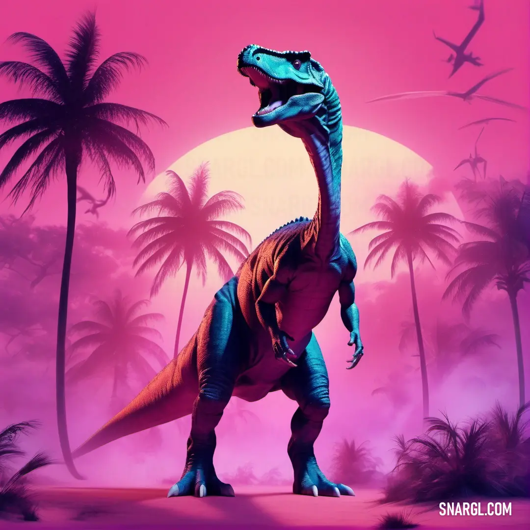 Gasosaurus in a tropical setting with palm trees and a pink sky in the background