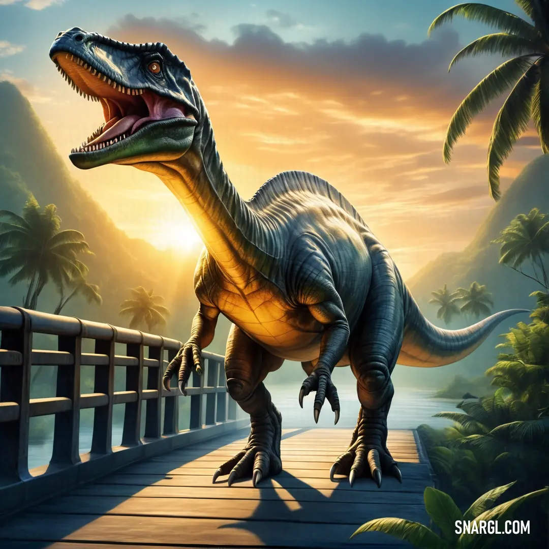 Gasosaurus is walking across a bridge in the jungle with palm trees and a sunset in the background