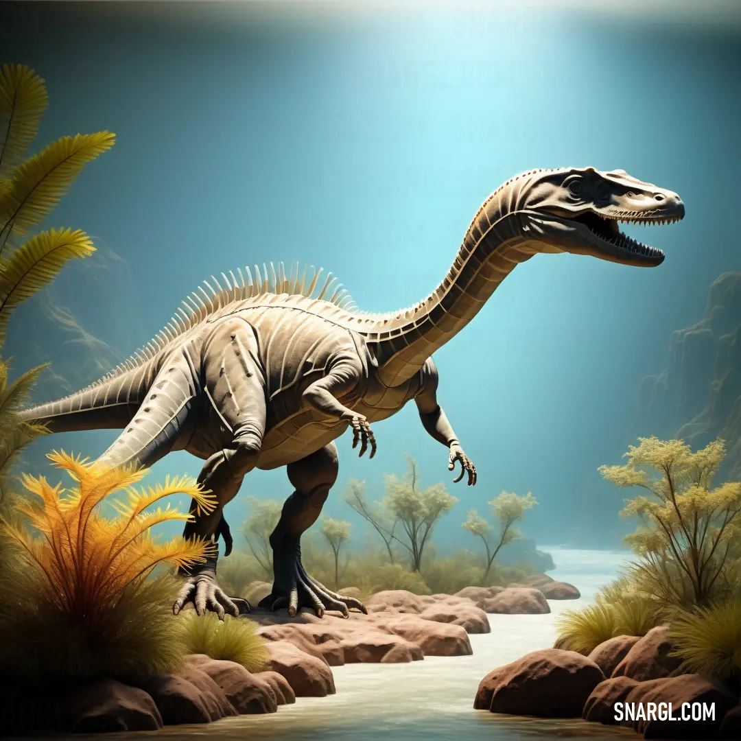 Gasosaurus is walking through a rocky area with plants and rocks in the foreground
