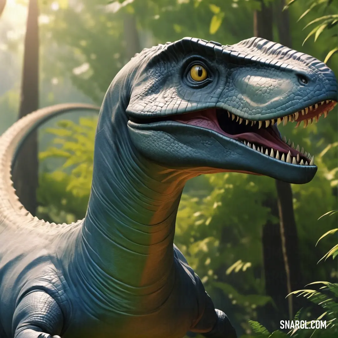 Gasosaurus with its mouth open in the woods with trees and bushes in the background