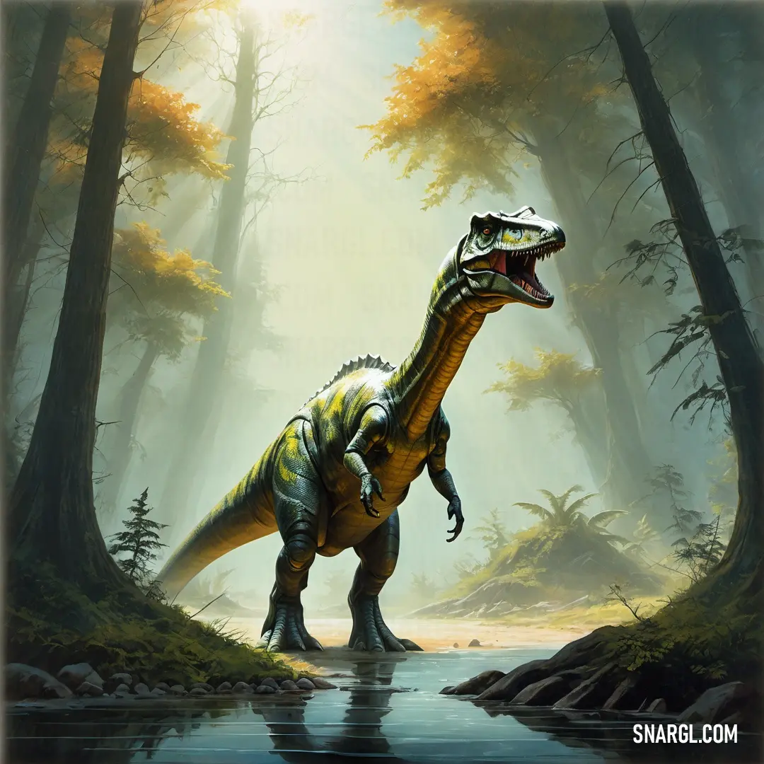 Gasosaurus with its mouth open standing in a forest by a river with trees and rocks on the ground