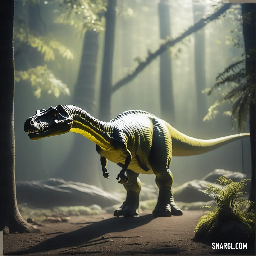 Toy Gasosaurus in a forest with trees and rocks in the background