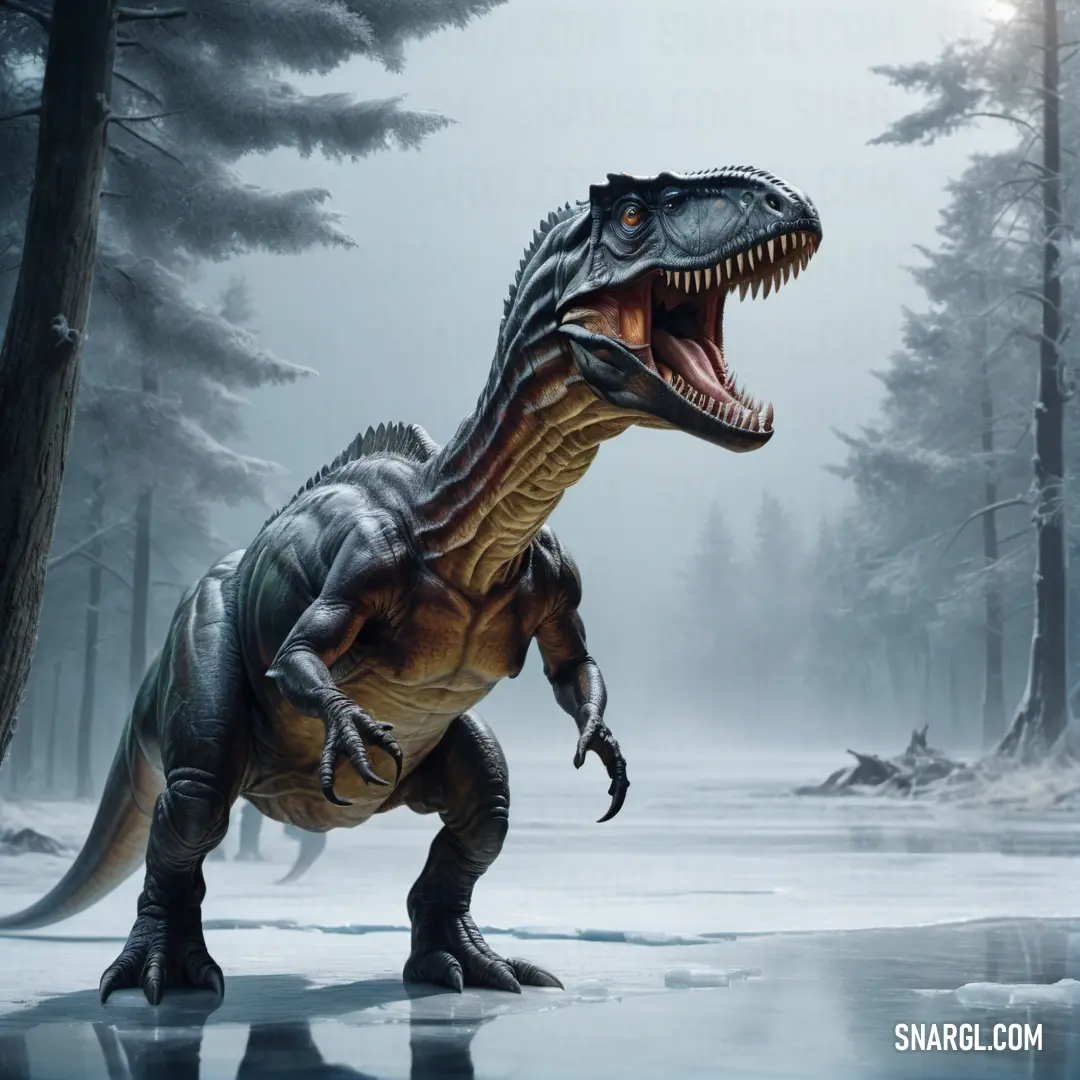 Tyransaurus is standing in the snow by a lake with trees in the background