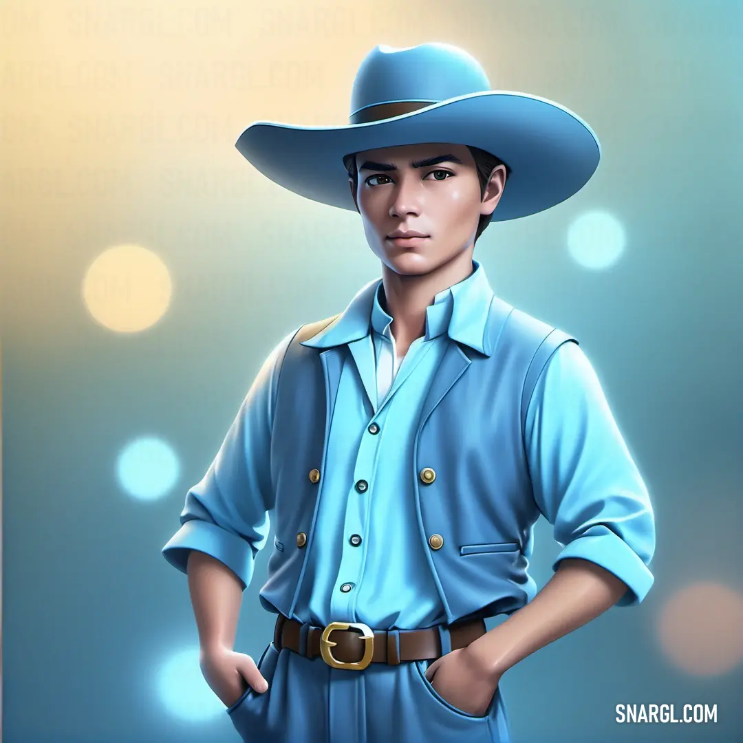 Digital painting of a man in a cowboy hat and blue shirt with his hands on his hips and his hands on his hips