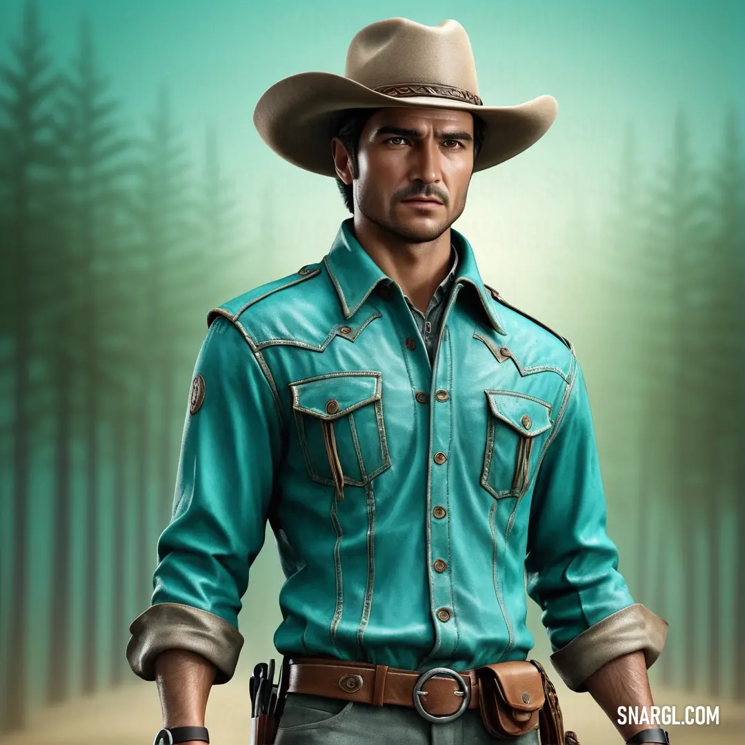 Man in a cowboy hat holding a gun in a forest with trees in the background