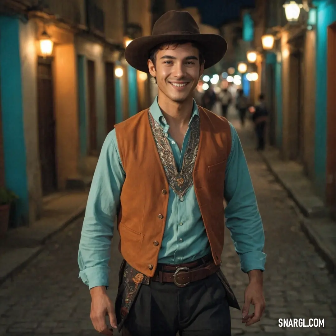 Man in a cowboy hat and vest is smiling at the camera while walking down a street at night