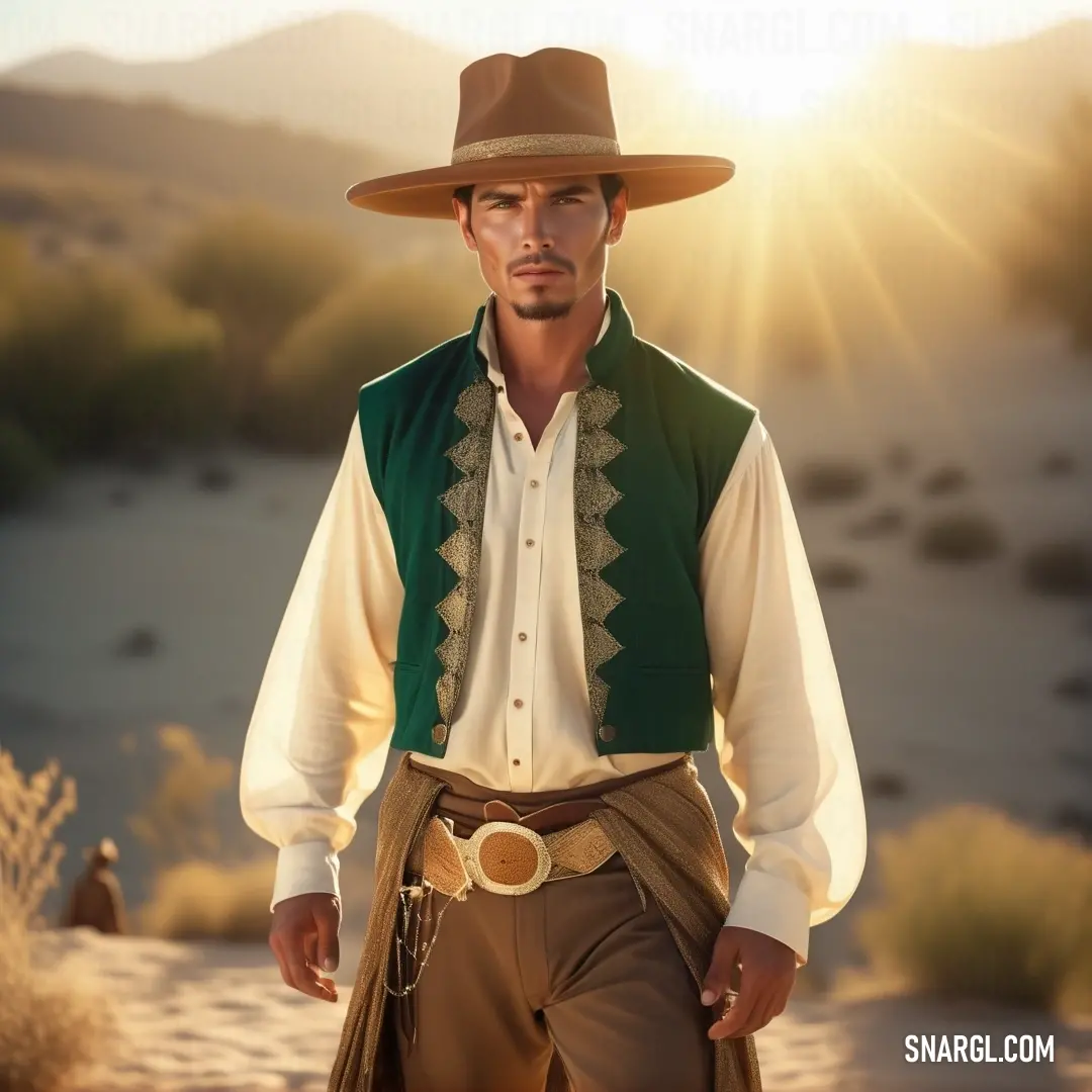 Man in a cowboy outfit is standing in the desert with his hat on his head and a green vest