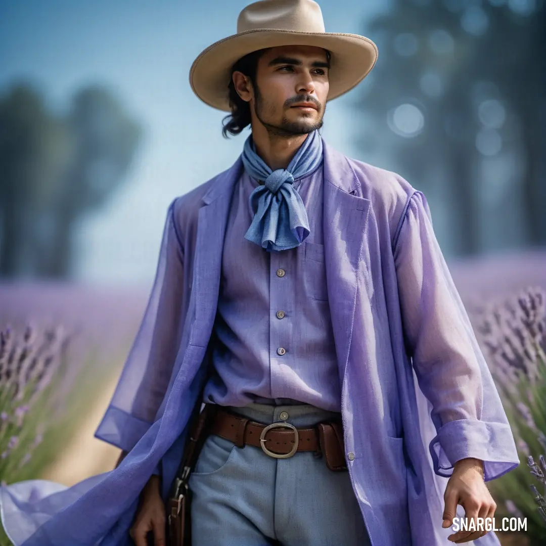 Man in a hat and a purple shirt and tie standing in a lavender field with lavender flowers in the background