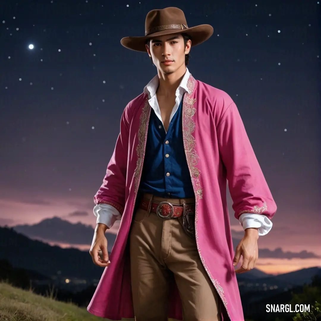 Man in a pink coat and hat standing on a hill at night with a full moon in the sky