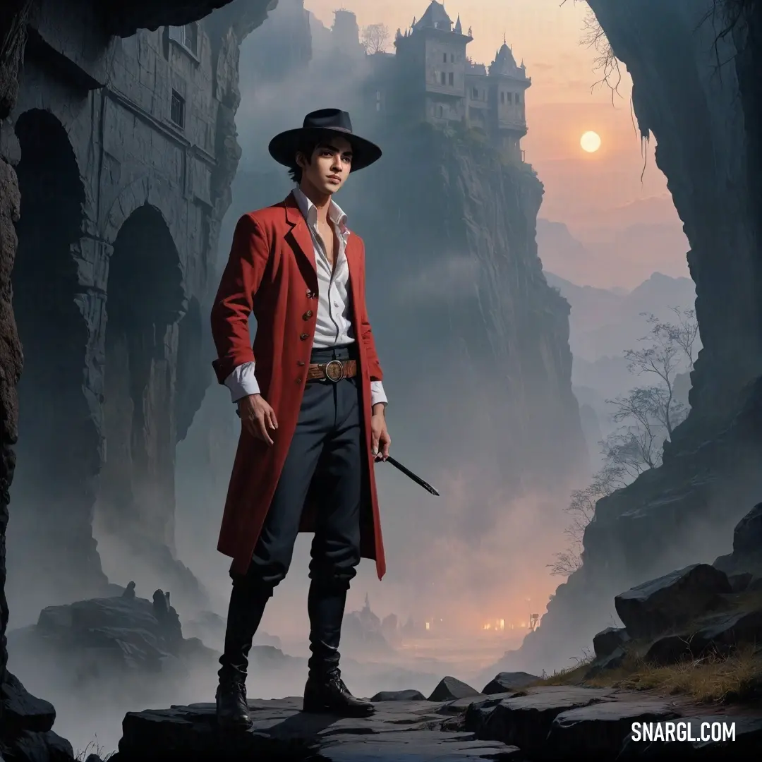 Man in a red coat and hat holding a sword in a cave with a castle in the background