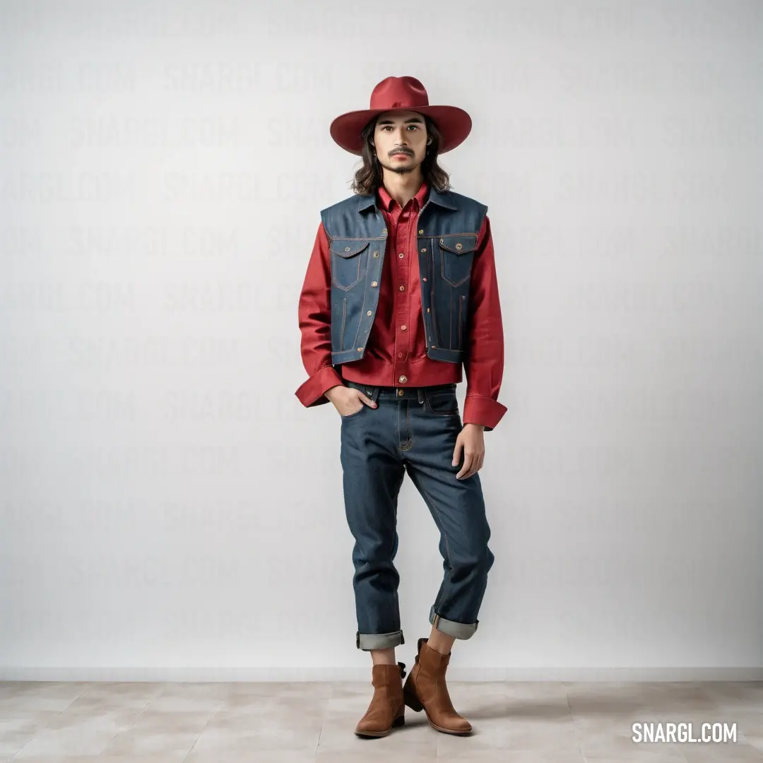 Man in a red shirt and a red hat is standing in a white room with a red jacket and jeans