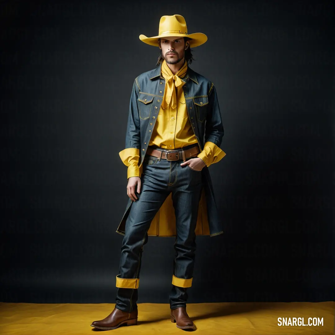 Man in a yellow shirt and tie wearing a cowboy hat and a yellow shirt and jeans and a yellow tie