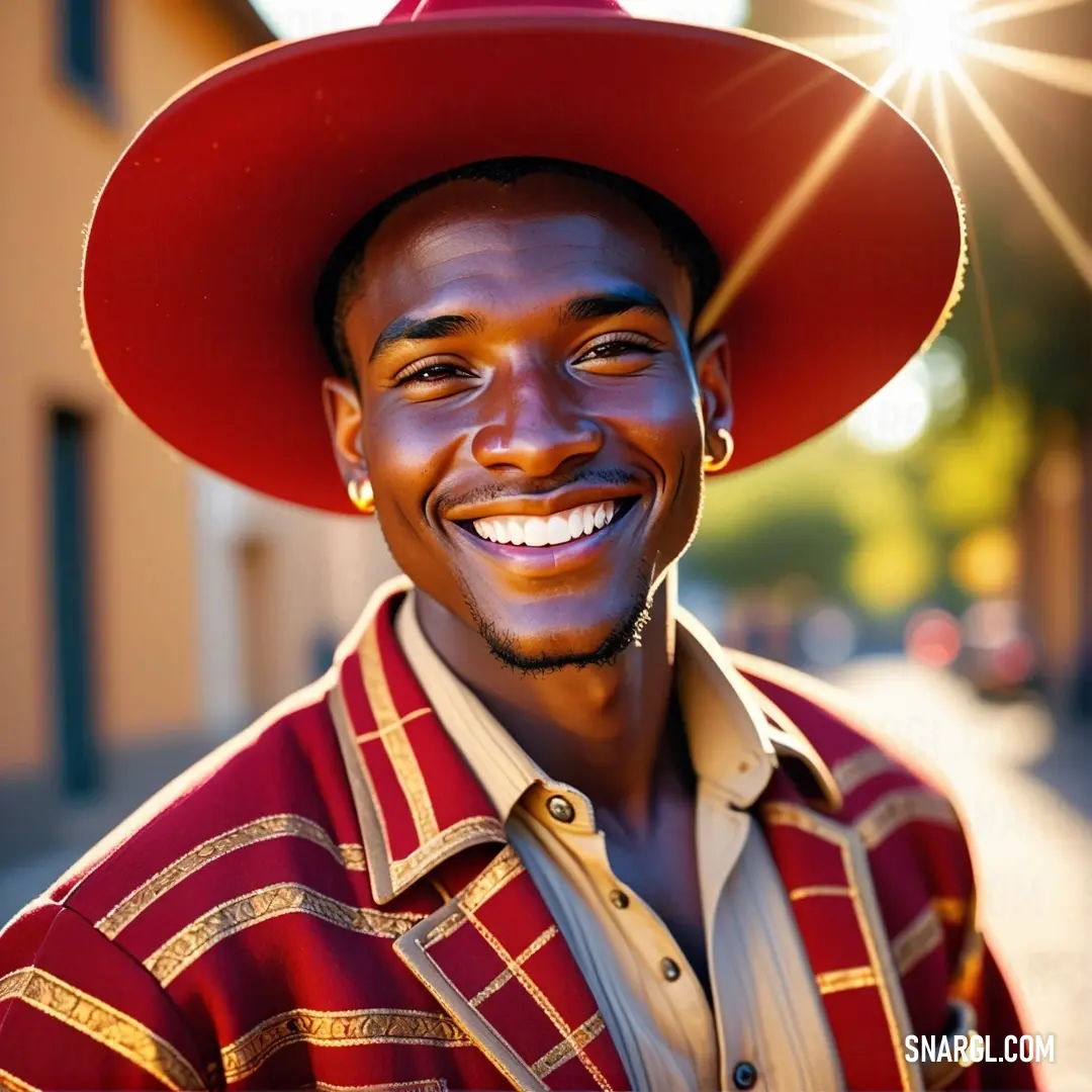 Man wearing a red hat and smiling for the camera with a red hat on his head and a red and gold shirt