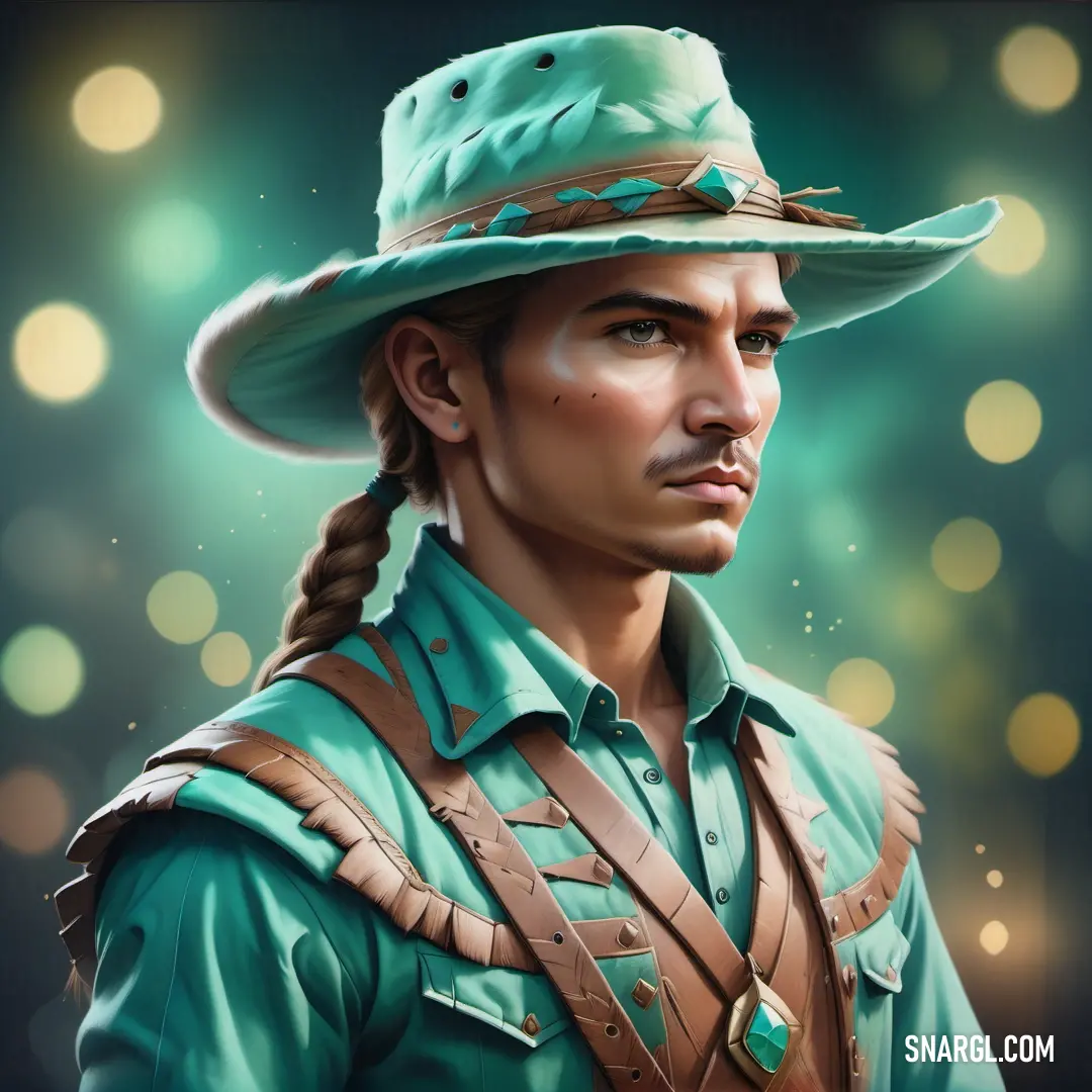 Painting of a man in a green hat and green shirt with braids on his head