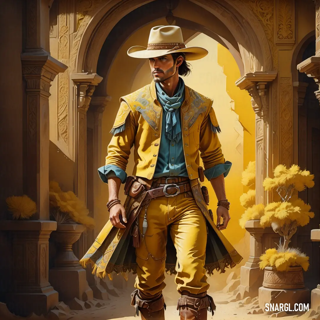 Painting of a man in a cowboy outfit and hat walking through a tunnel with a gun in his hand