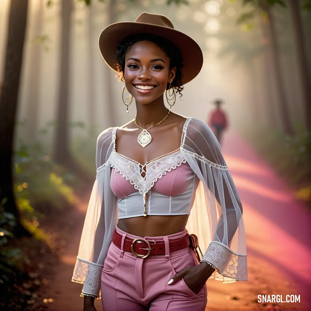 Woman in a hat and pink pants is smiling for the camera while standing in the woods