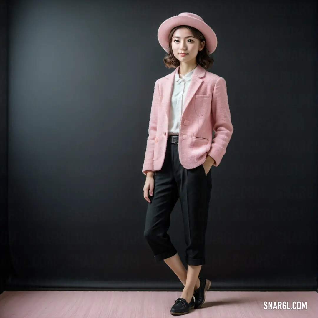 Woman in a pink hat and jacket posing for a picture in a studio setting with a black background