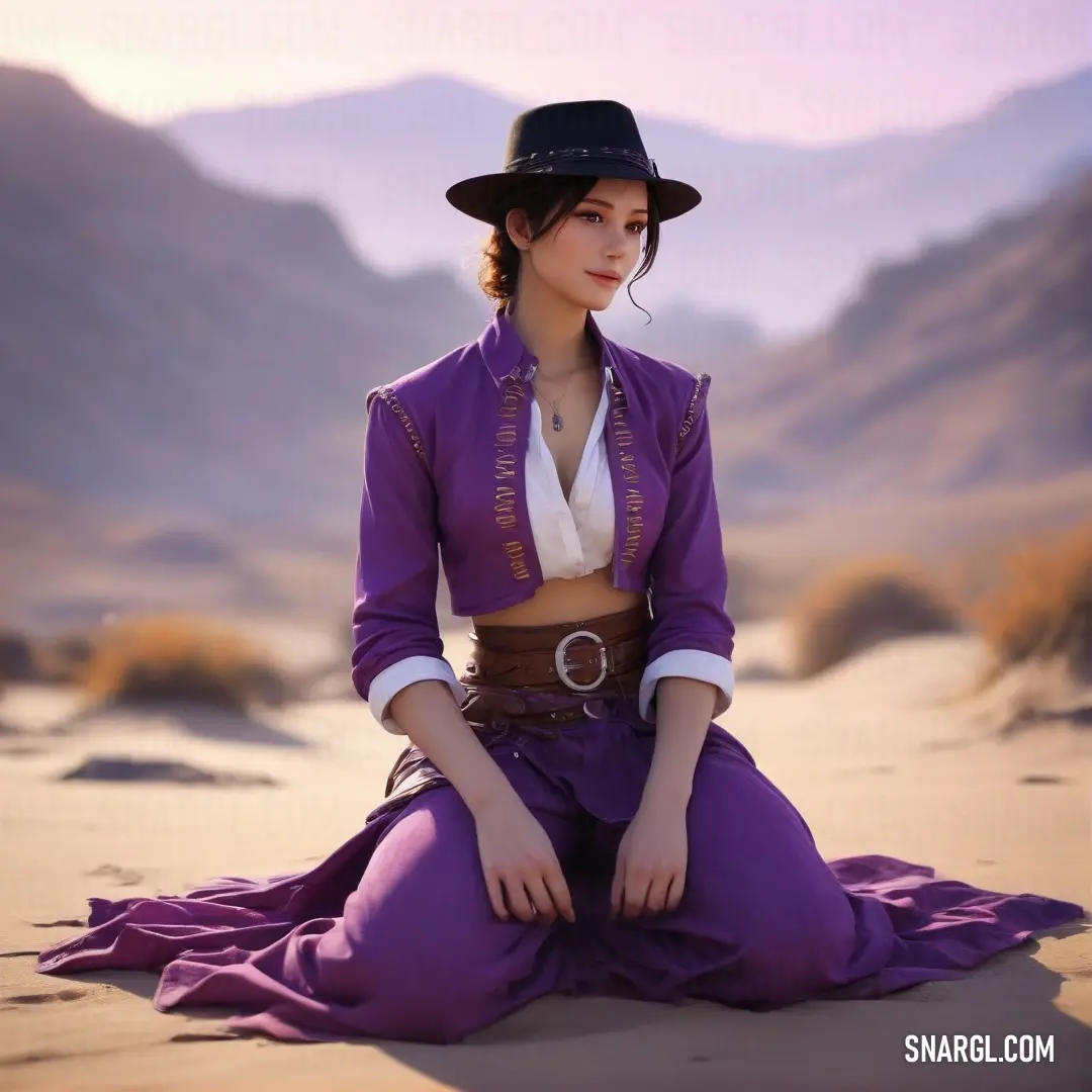 Woman in a purple outfit on a desert floor with mountains in the background