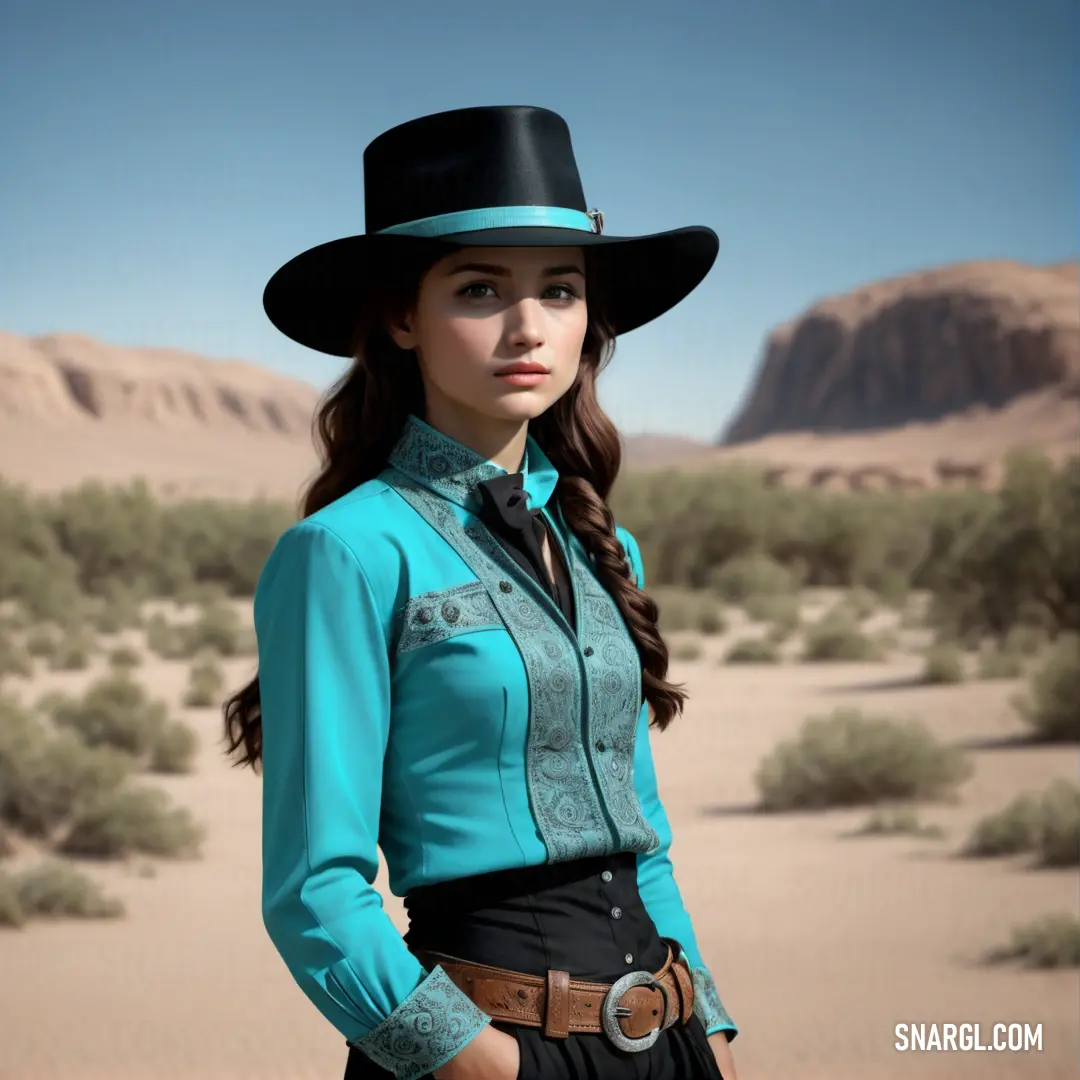 Woman in a western outfit standing in the desert with a hat on her head and a western style shirt on