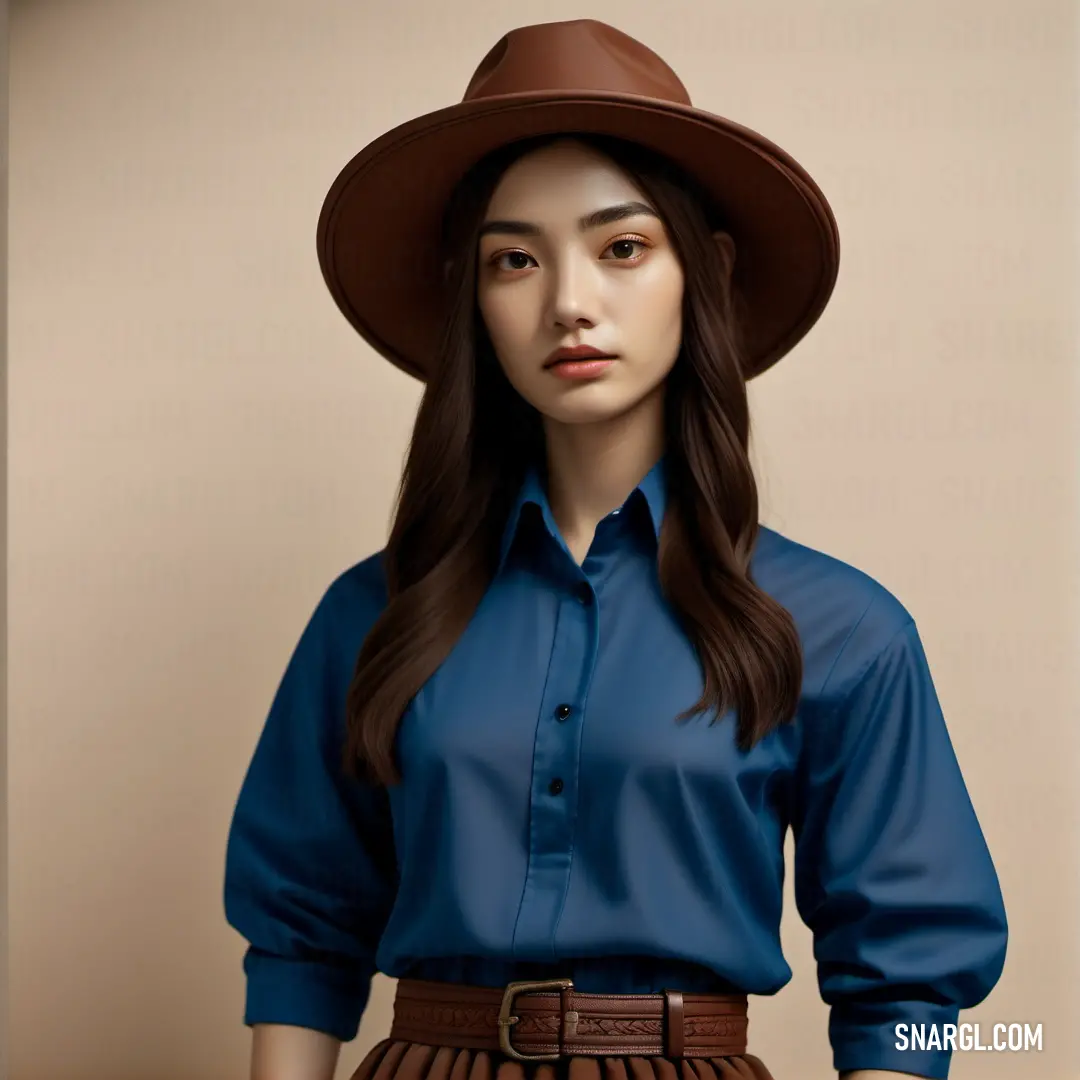 Woman wearing a blue shirt and brown hat with long hair and a brown belt around her waist