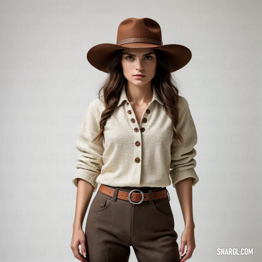 Woman wearing a brown hat and a white shirt and brown pants and a brown belt