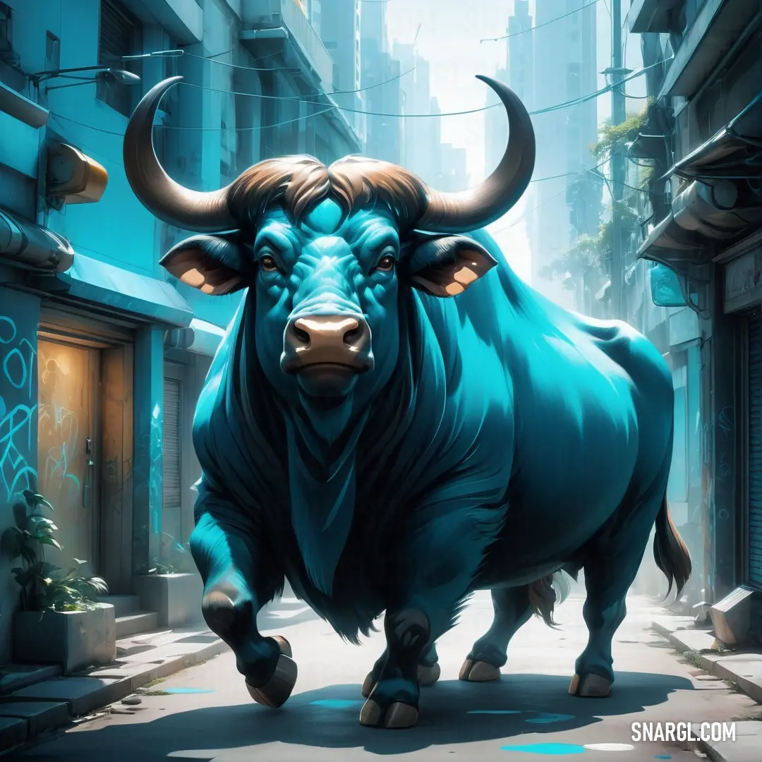 Blue bull is walking down a city street in a digital painting style