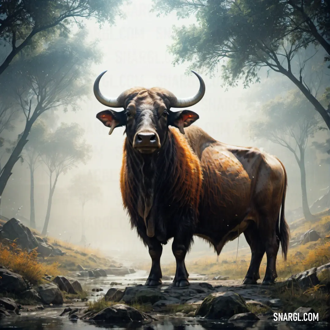 Bull standing in a forest with trees and rocks in the background