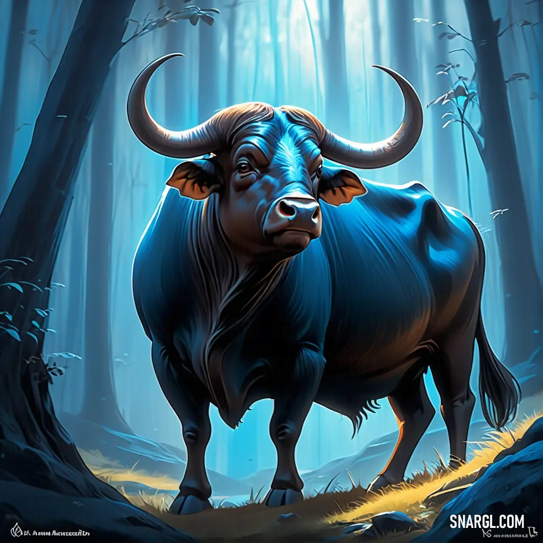 Bull standing in a forest with trees and grass in the background