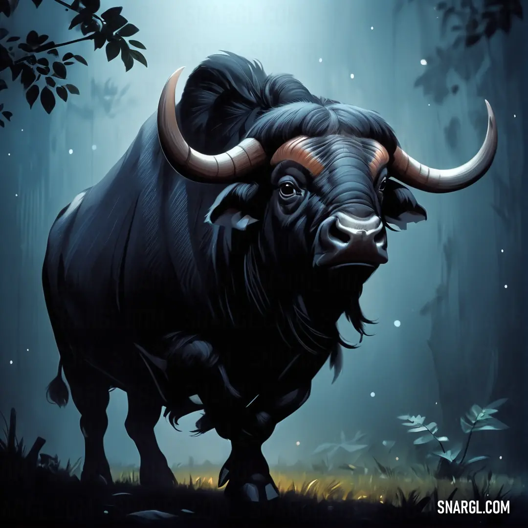 Bull with horns standing in a forest at night with a light shining on it's head and a tree in the background