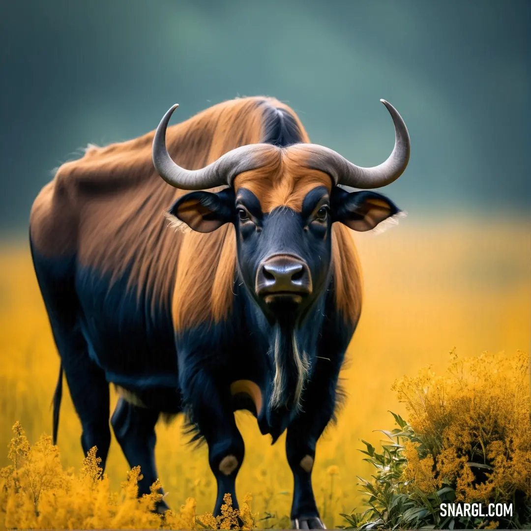 Bull with horns standing in a field of yellow flowers and grass with a dark sky in the background