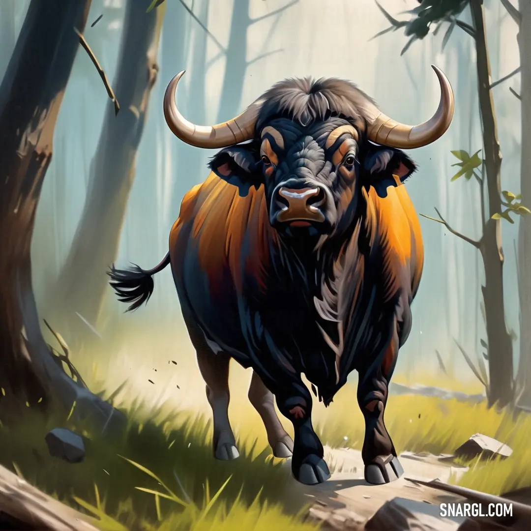 Bull with horns walking through a forest filled with trees and rocks