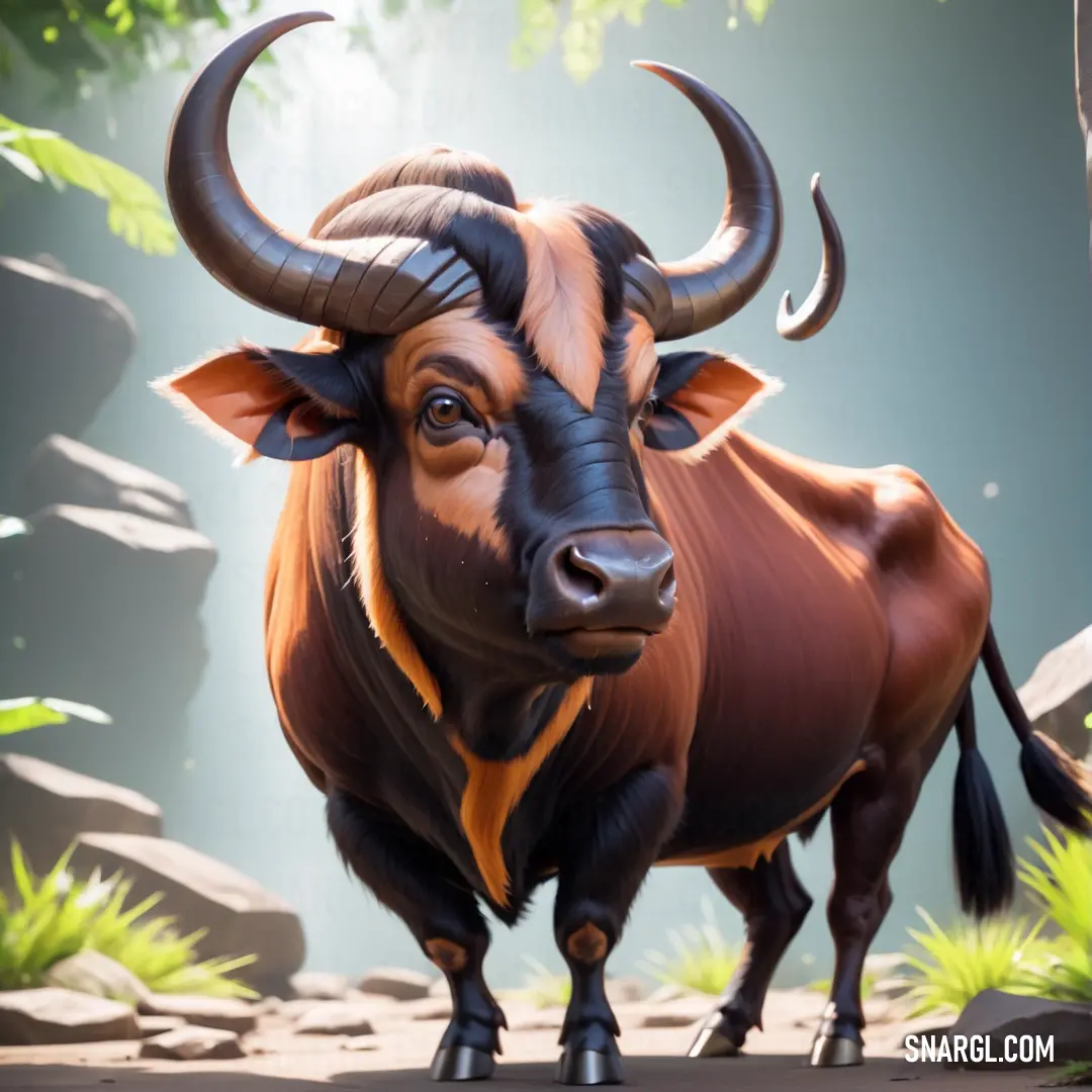Bull with large horns standing in a rocky area with trees and rocks in the background