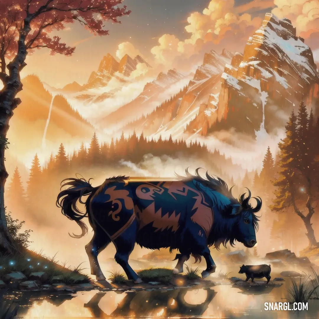 Painting of a buffalo standing in a mountain stream