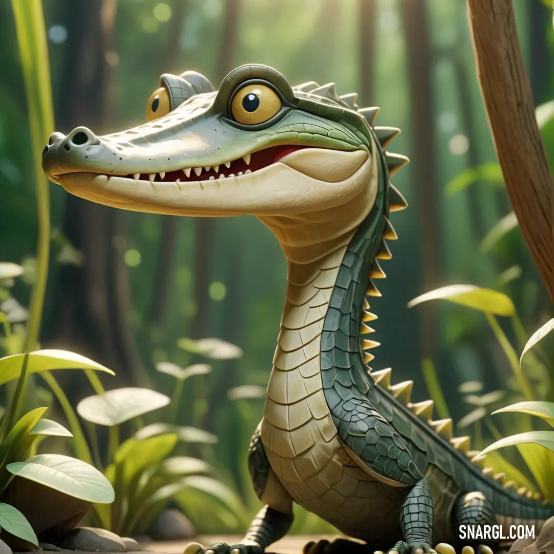 Cartoon alligator is in the woods with a smile on its face and mouth, with a green background