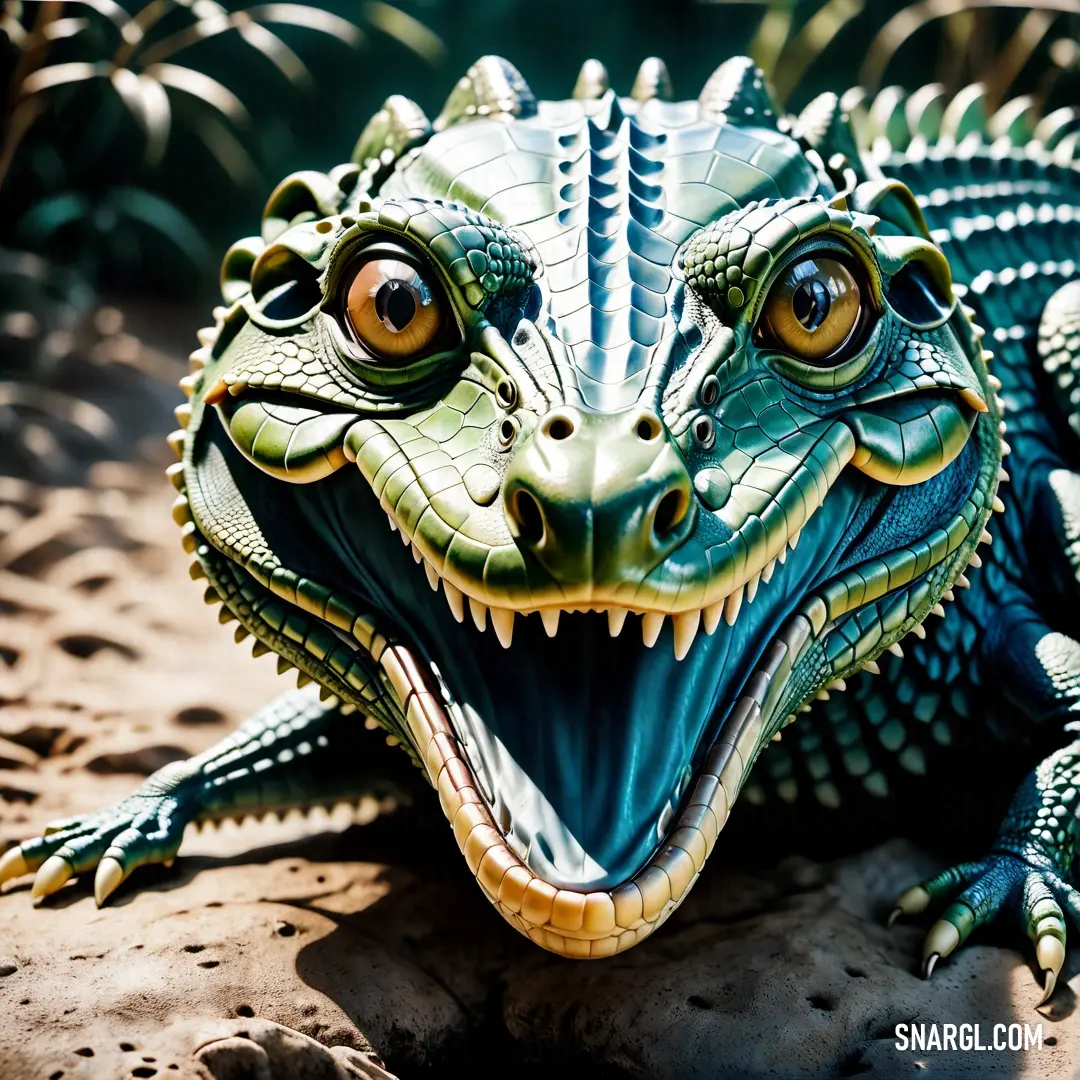 Close up of a toy alligator on a rock surface with grass in the background