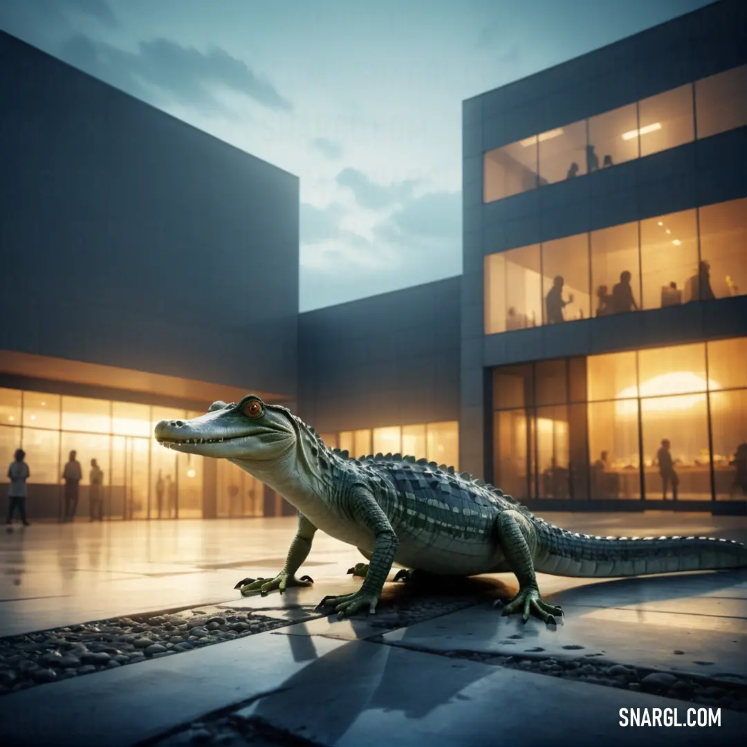 Large alligator on top of a floor next to a building at night with people standing around it