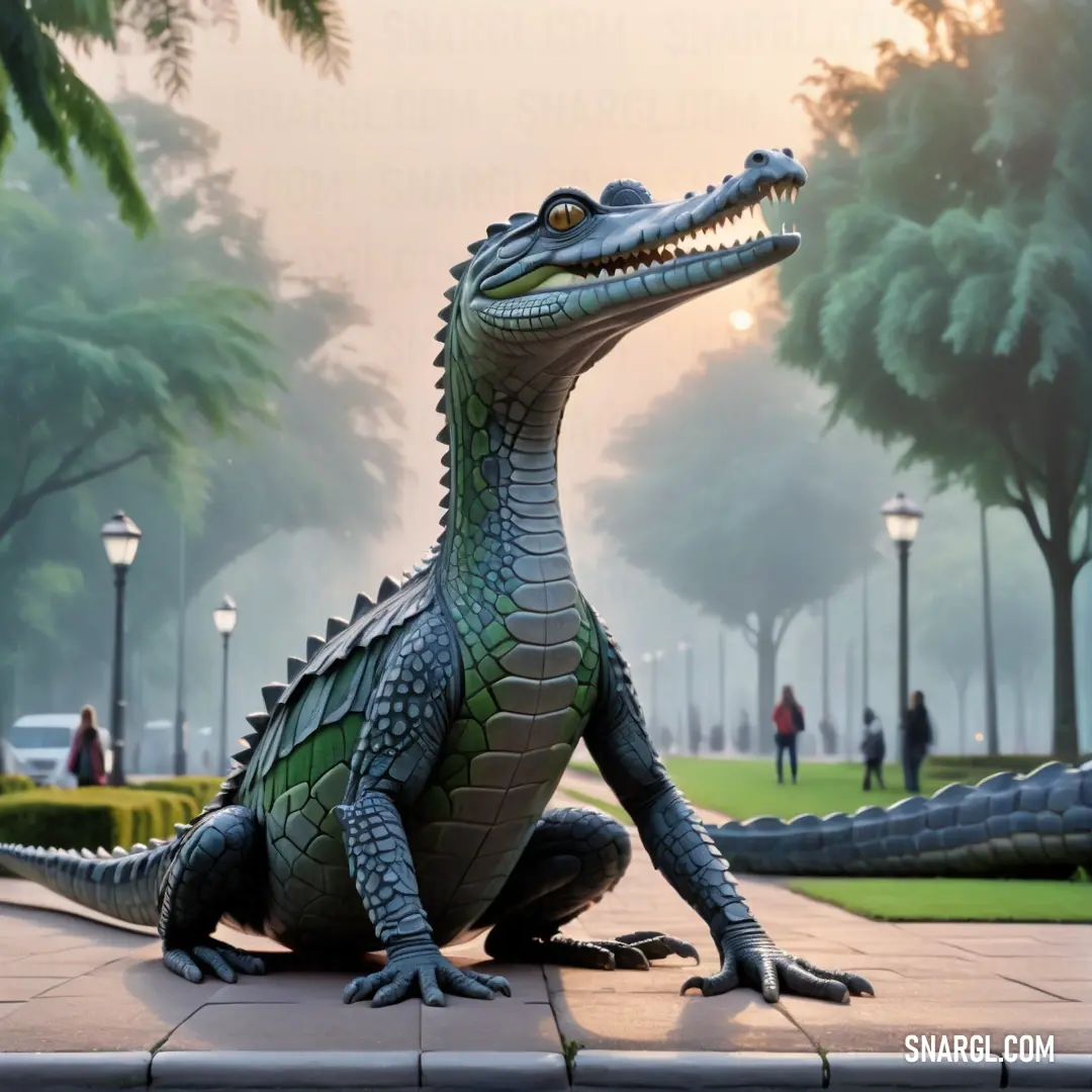 Statue of a crocodile on a sidewalk in a park with trees and people walking around it in the background