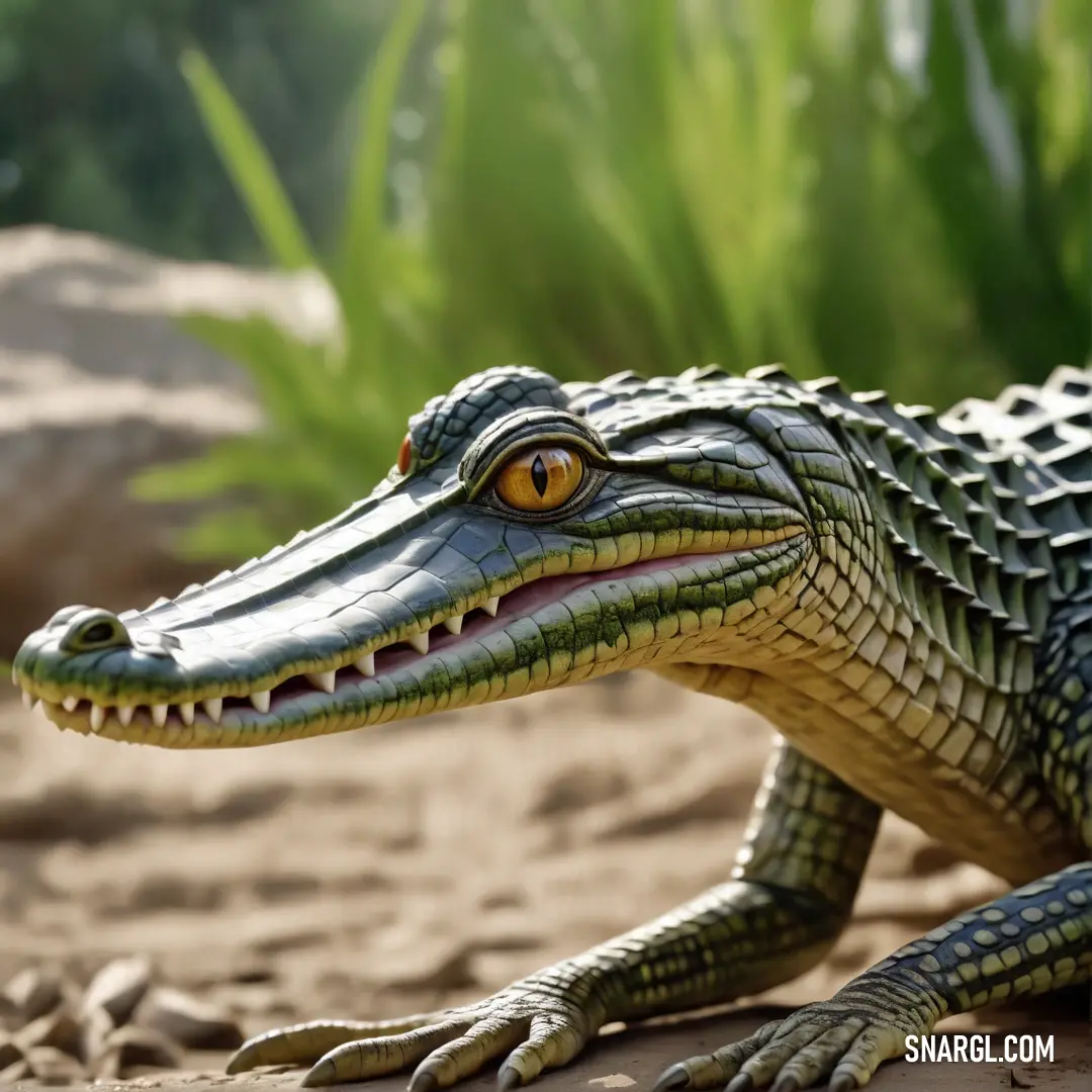 Toy alligator is on the ground in the dirt and grass area of a zoo exhibit area