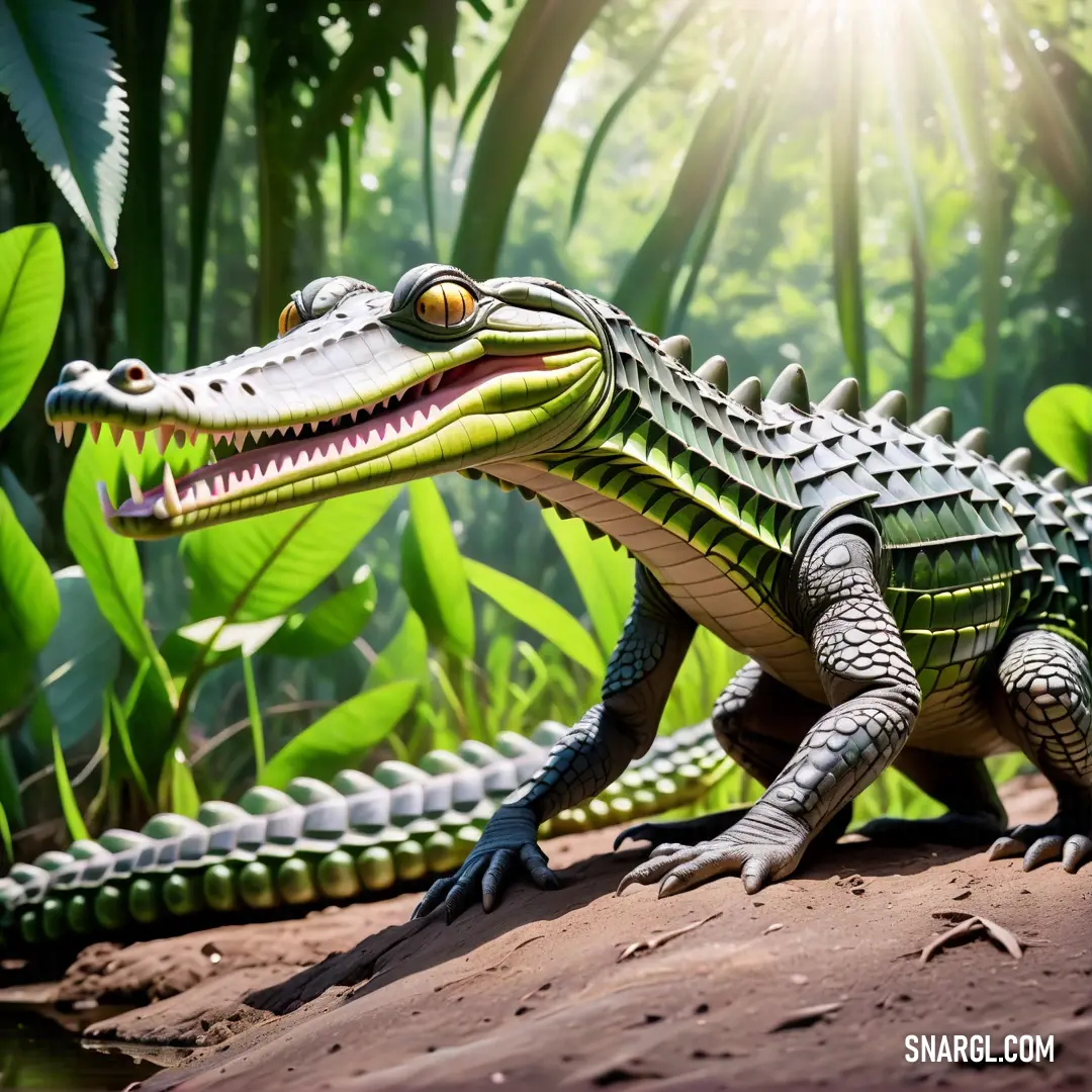 Toy alligator on a rock in a jungle setting with green plants and foliage in the background