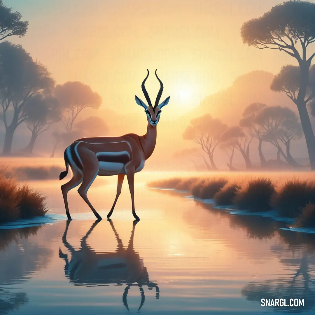Deer is standing in the water at sunset with trees in the background