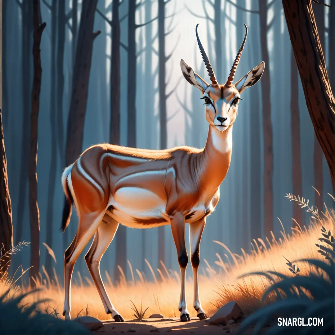 Deer standing in the middle of a forest with tall trees in the background