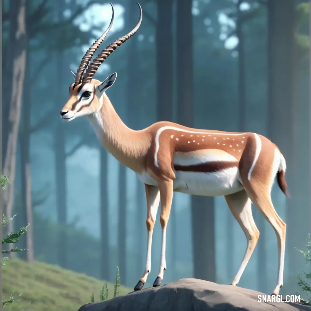 Gazelle standing on a rock in a forest with trees in the background