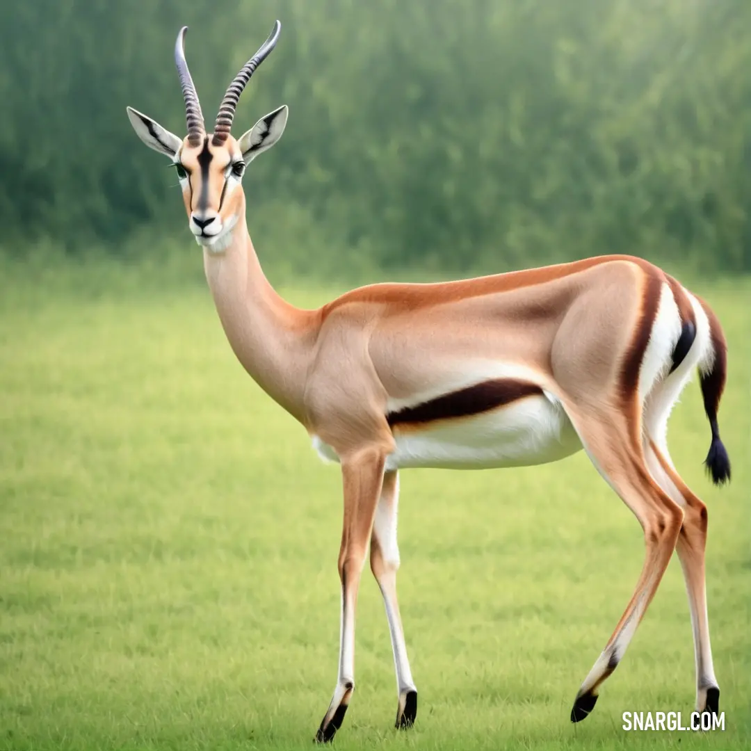 Gazelle standing in a field of grass with trees in the background