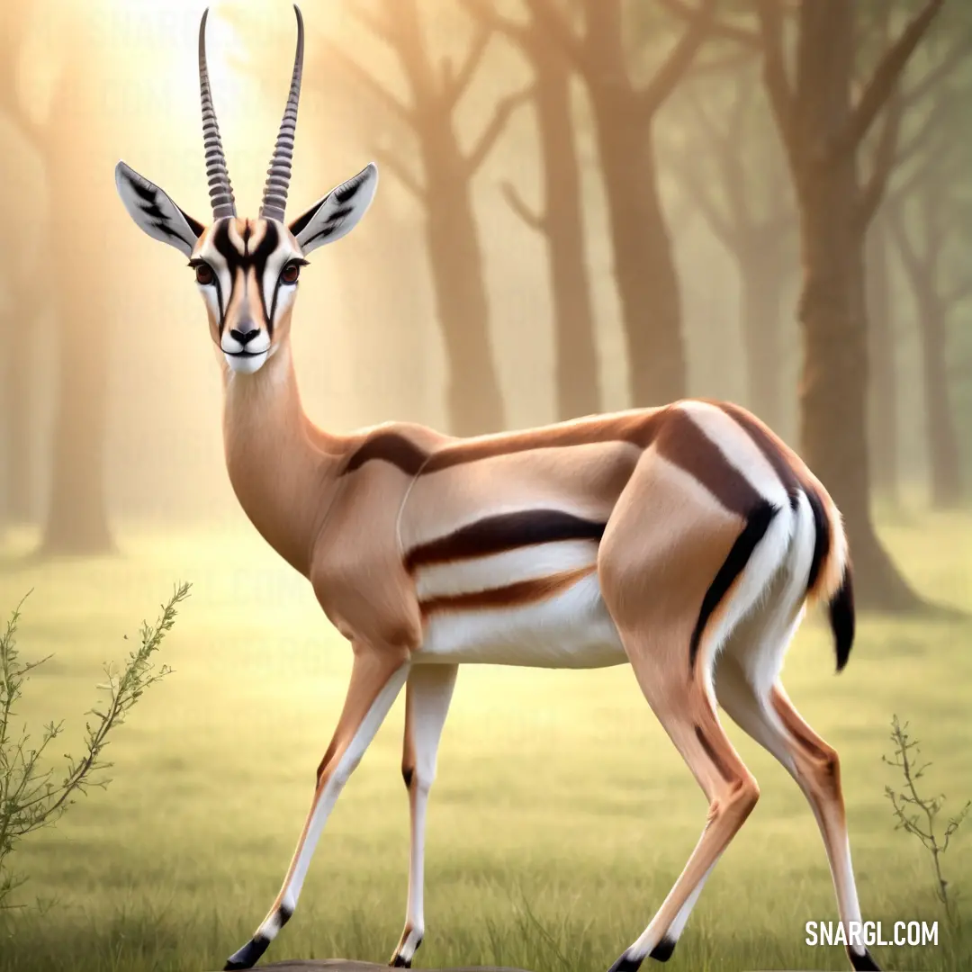 Gazelle standing in a grassy field with trees in the background
