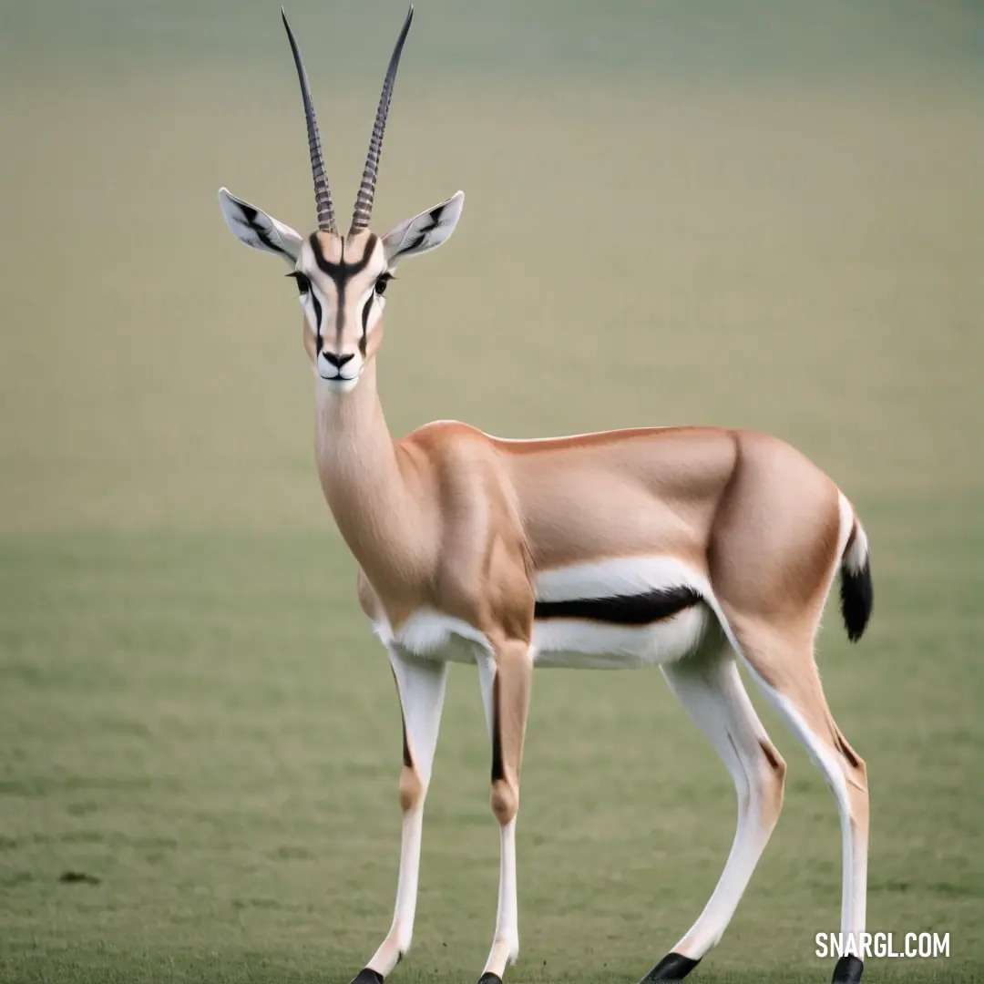 Gazelle standing in a field with its head turned to the side and its long horns sticking out