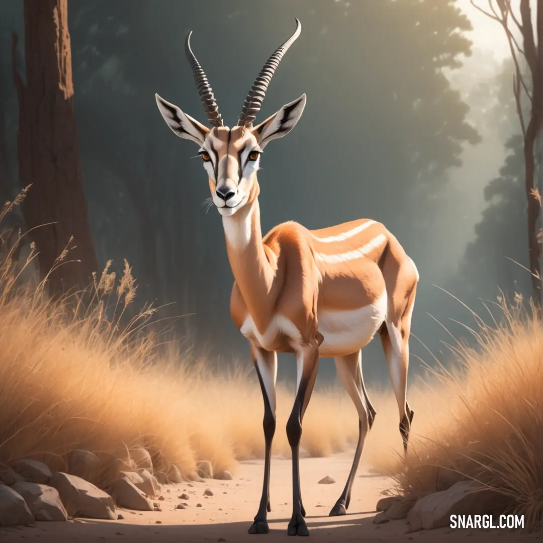 Gazelle standing in the middle of a forest with tall grass and trees in the background