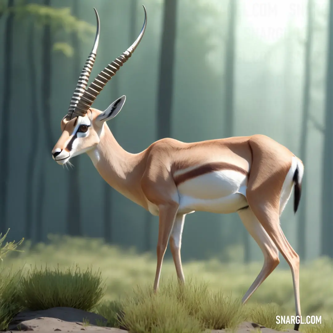 Gazelle standing in the middle of a forest with tall grass and trees in the background