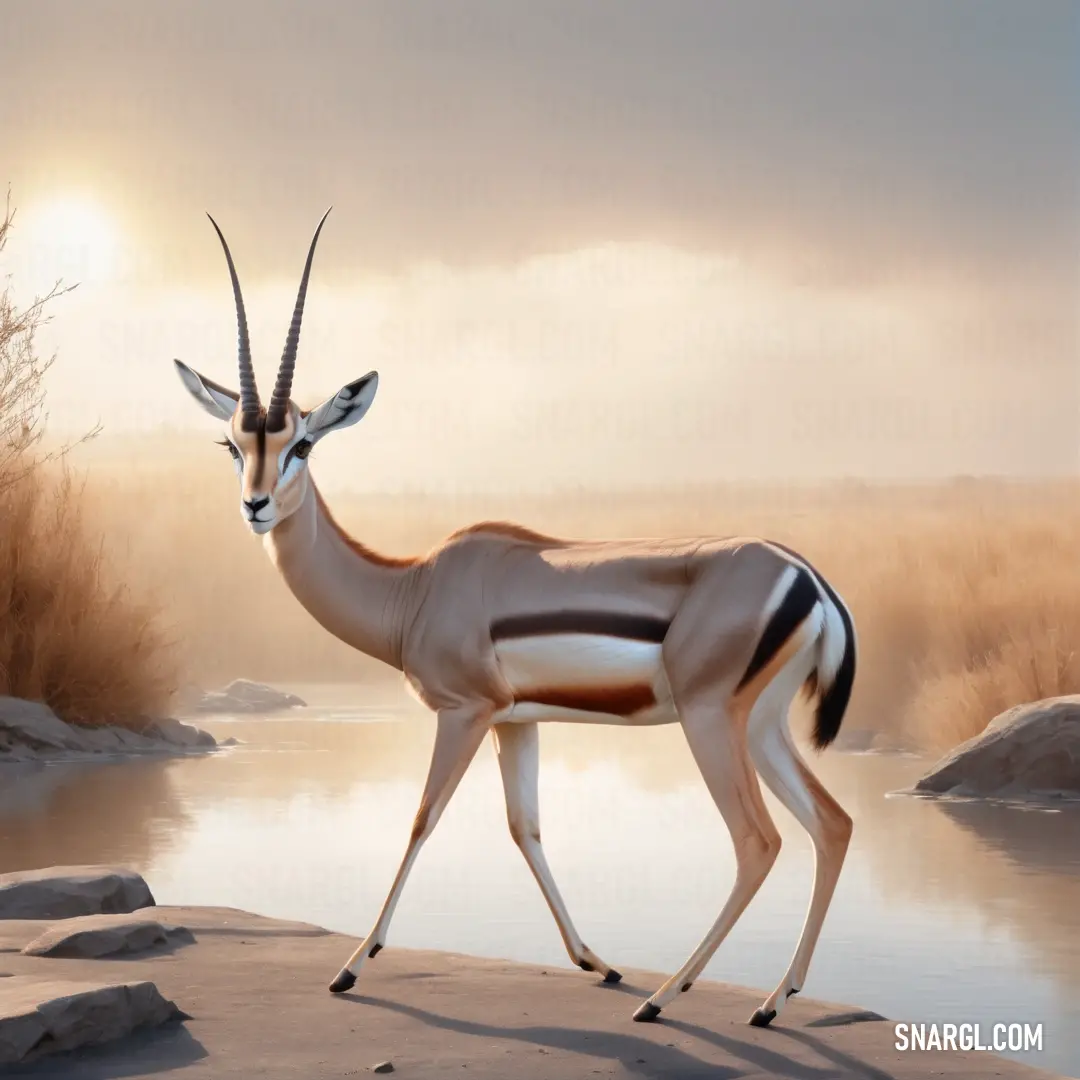 Gazelle walking across a body of water with a sky background