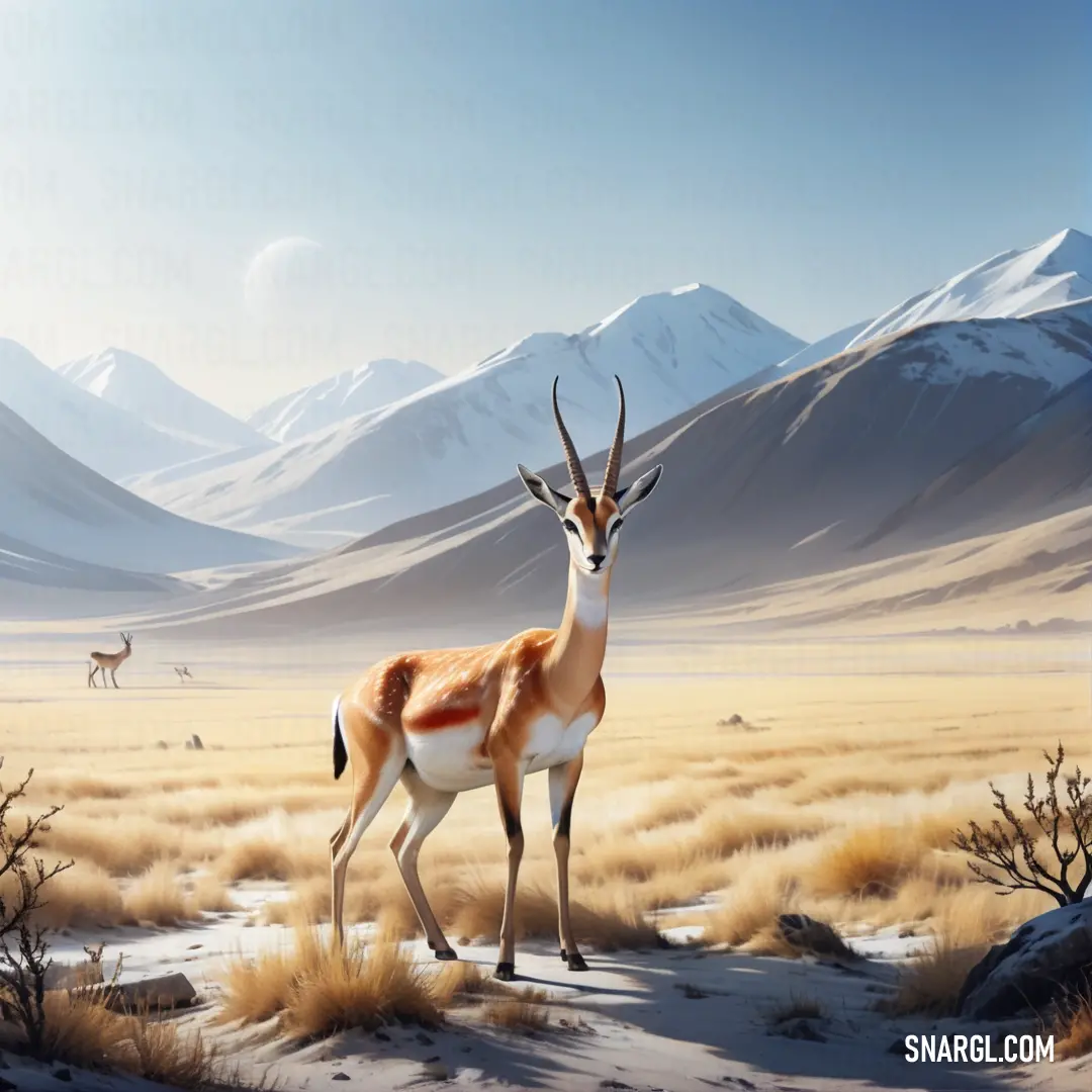 Painting of a gazelle in a desert landscape with mountains in the background